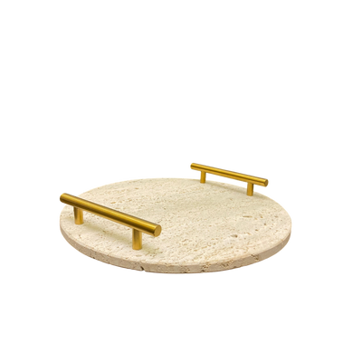 Round Travertine Tray with Brass Handles