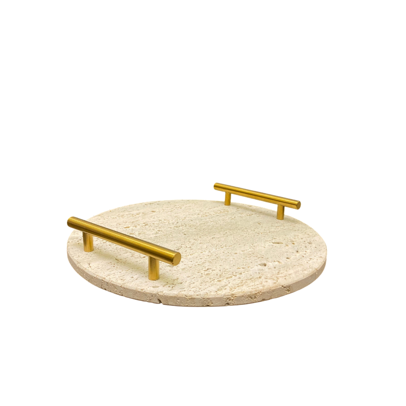 Round Travertine Tray with Brass Handles