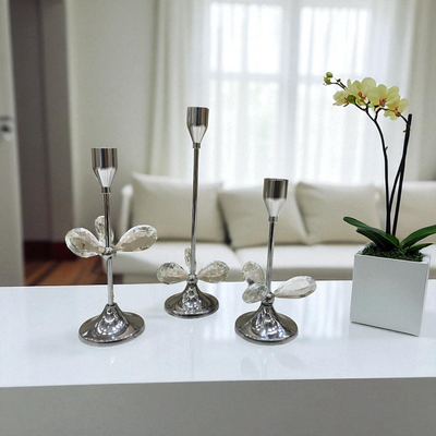Luxury Silver Metallic & Crystal Candle Stand Set – 3 Pieces