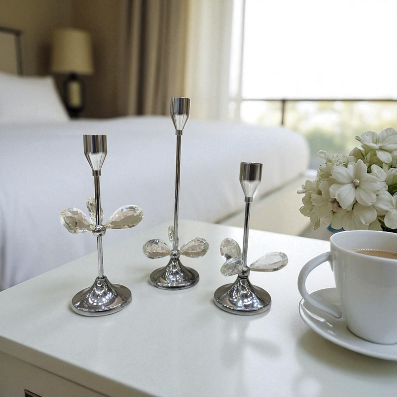 Luxury Silver Metallic & Crystal Candle Stand Set – 3 Pieces