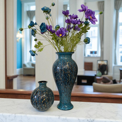 Heavy Glass Vases with Violet Blooms