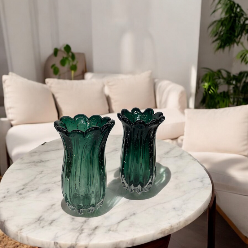 Emerald Murano-Style Ribbed Glass Vases