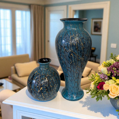 Heavy Glass Vases with Violet Blooms
