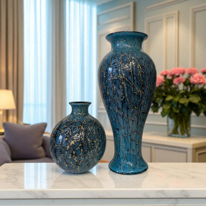 Heavy Glass Vases with Violet Blooms