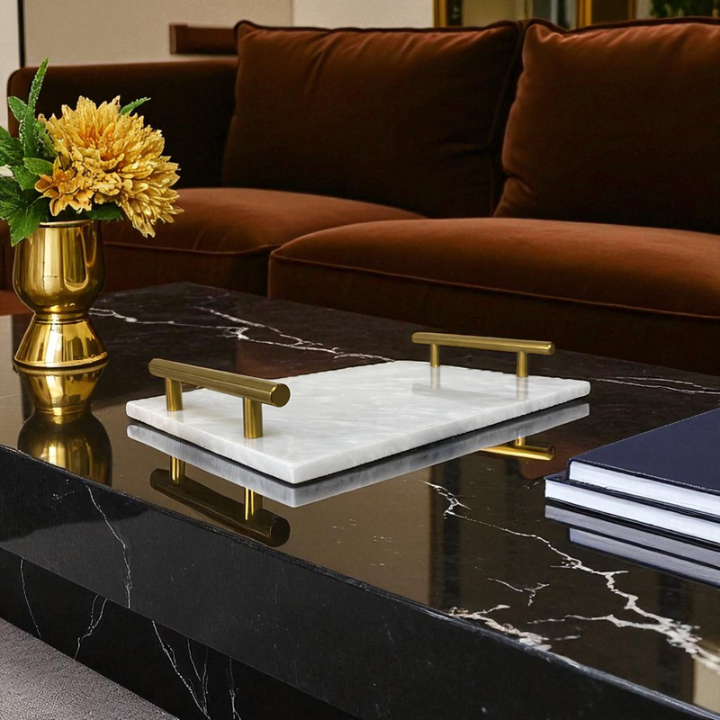 White Marble Rectangular Tray with Brass Handles