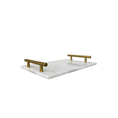 White Marble Rectangular Tray with Brass Handles