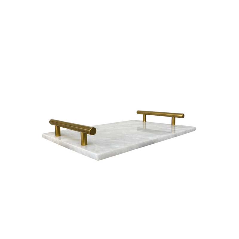 White Marble Rectangular Tray with Brass Handles