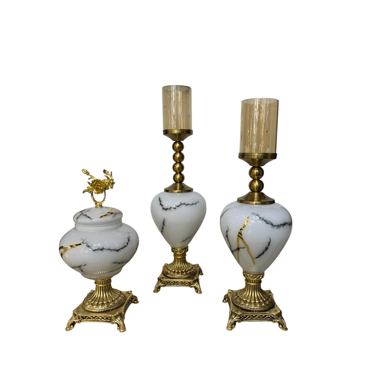 White Marble-Style Candle Holder Set with Brass Base