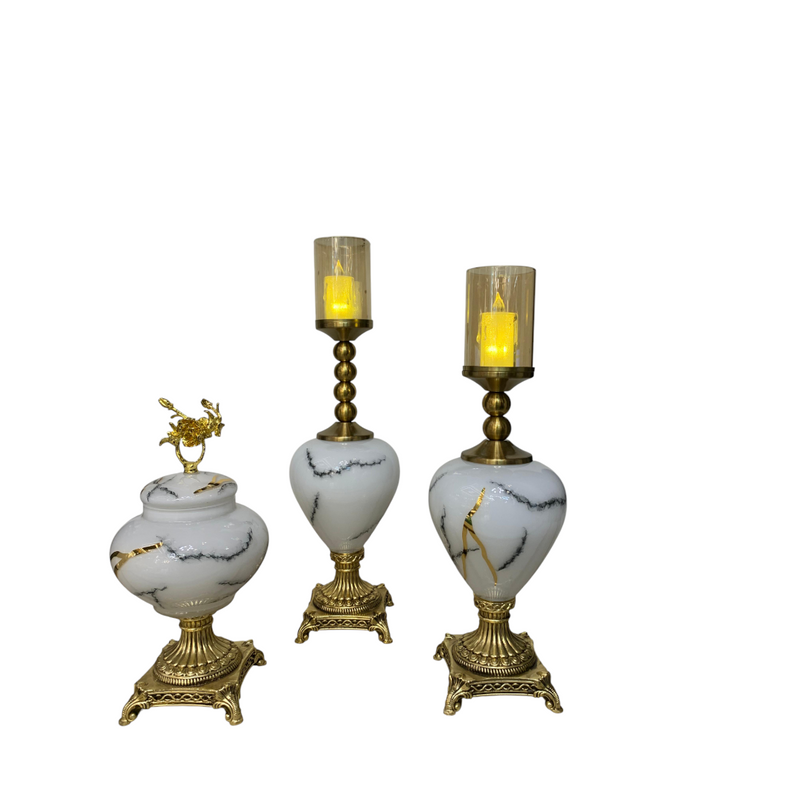 White Marble-Style Candle Holder Set with Brass Base