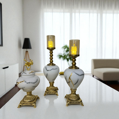 White Marble-Style Candle Holder Set with Brass Base