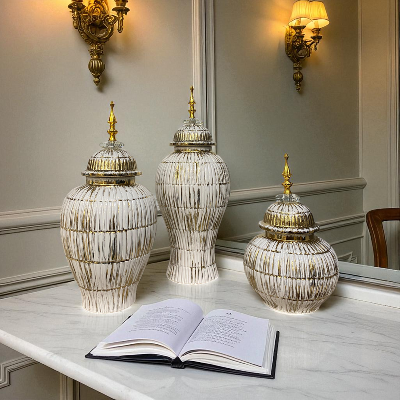 Antique White-Gold Drip Glazed Ceramic Candy Jars