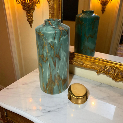 Modern Marble-Effect Ceramic Jars with Gold Lids
