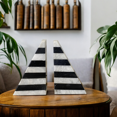Black & White Checkered Heavy Marble Bookends Pair