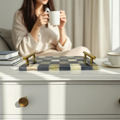 Checkered Marble Accent Tray with Brass Handles