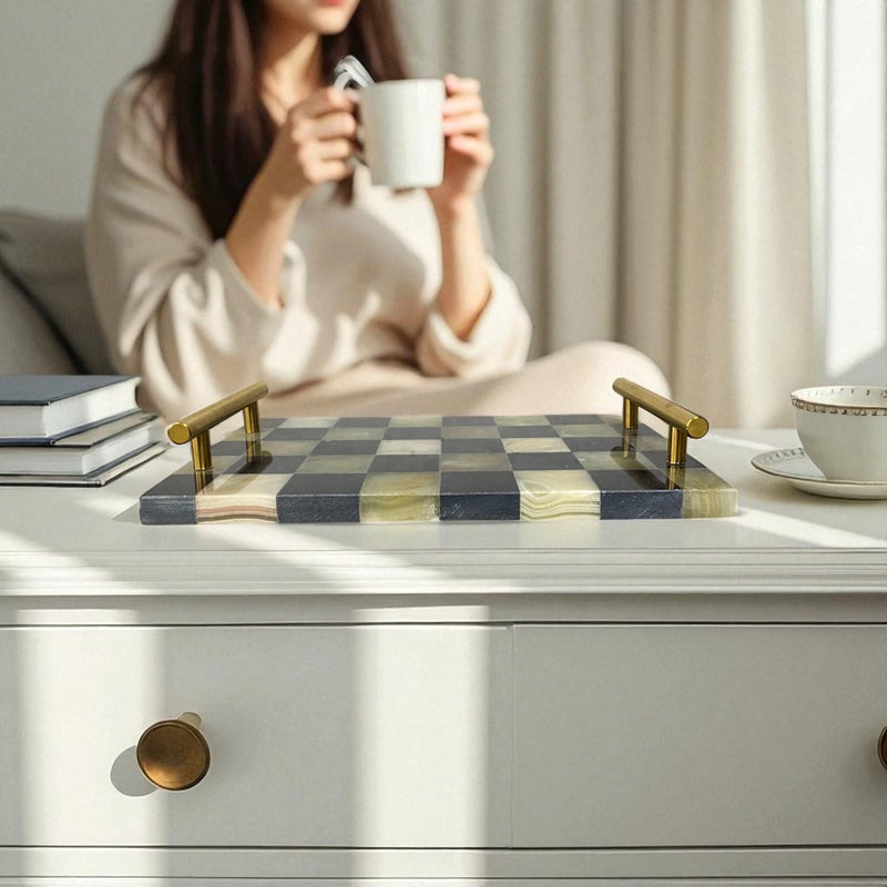 Checkered Marble Accent Tray with Brass Handles