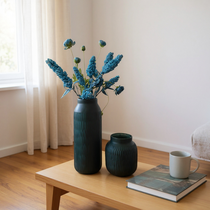 Matte Teal Glass Vase Duo with Blue Dried Florals