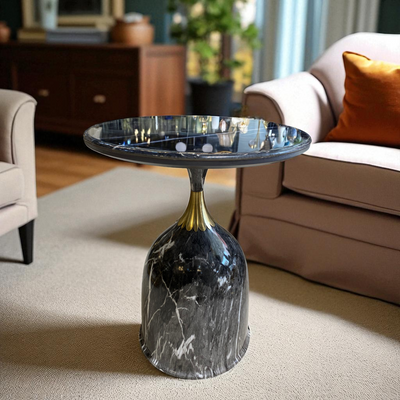 Elysian Aura Black Side Table – Black Marble Top with Textured Base