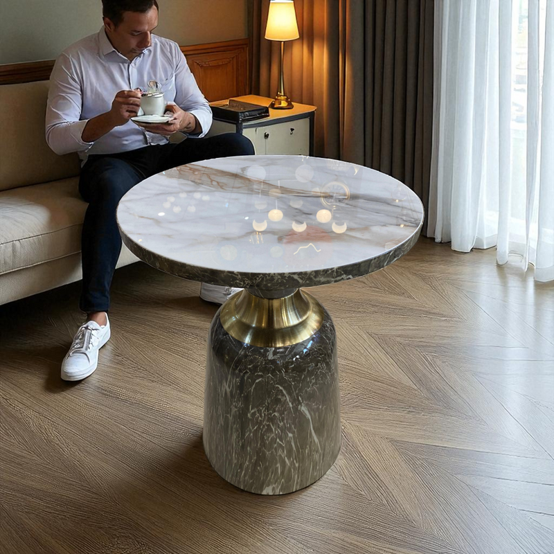 Majestic Metallic Side Table – Grey Marble Base with White Top