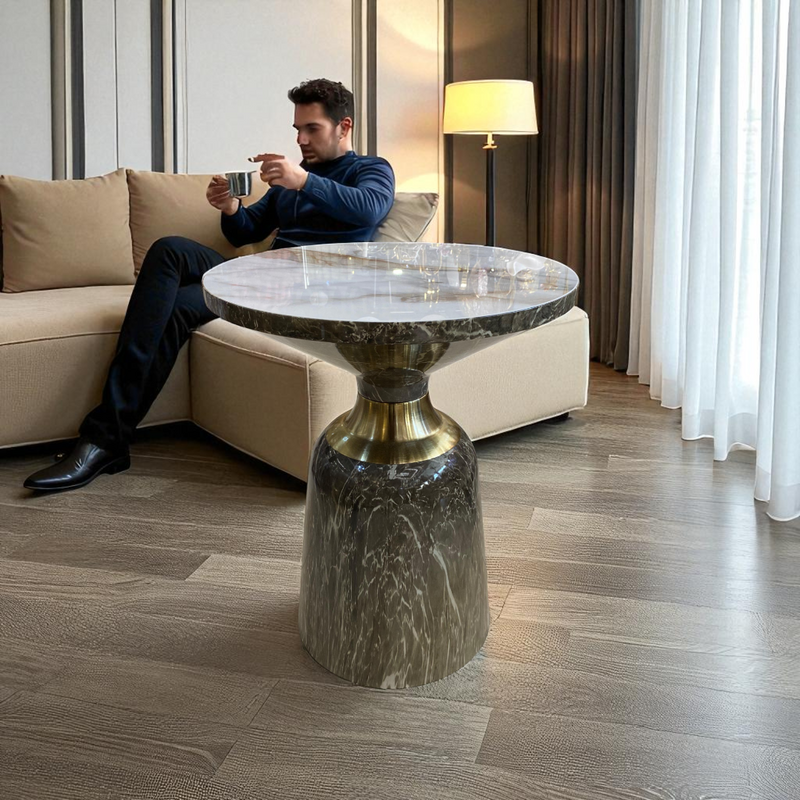 Majestic Metallic Side Table – Grey Marble Base with White Top