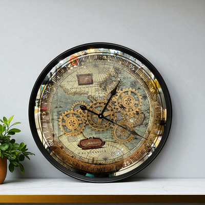 Vintage World Map Gear Wall Clock