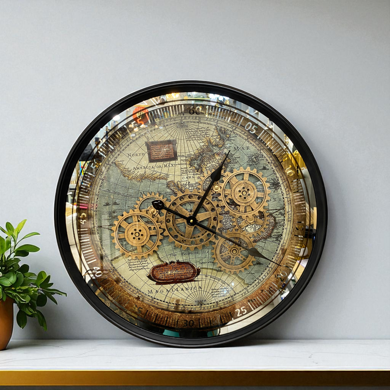 Vintage World Map Gear Wall Clock