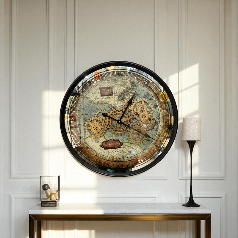Vintage World Map Gear Wall Clock