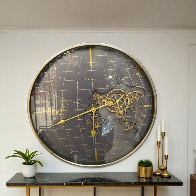 Midnight Globe Gear Wall Clock – Modern Steampunk Design