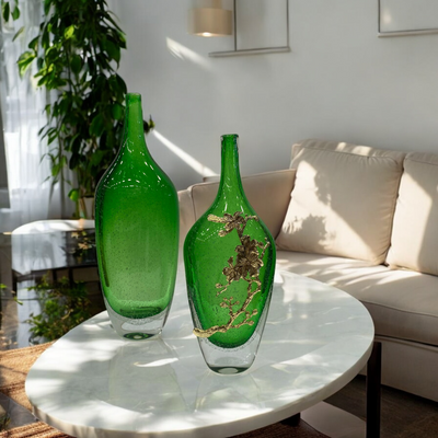 Heavy Green Glass Bottle with Metallic Flower Accent