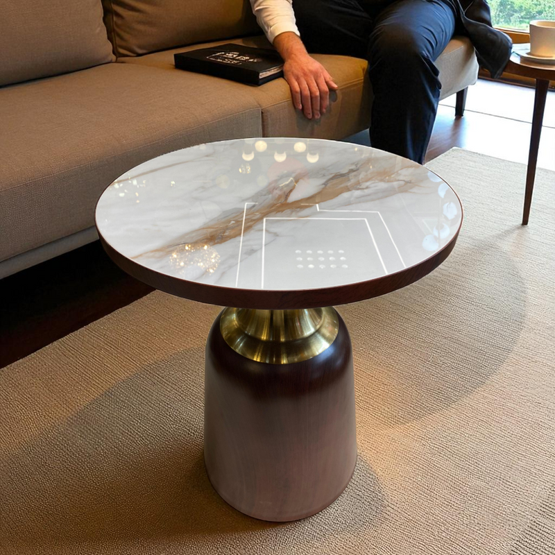 Aristo Round Side Table – White Marble Top with Brown Base
