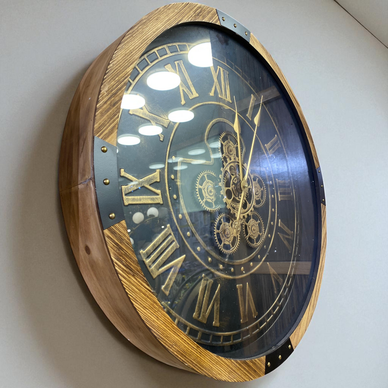 Rustic Wooden Roman Gear Wall Clock