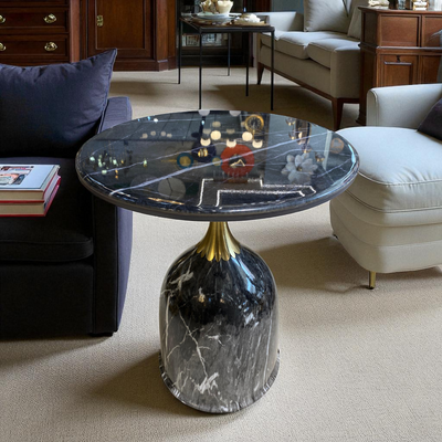 Elysian Aura Black Side Table – Black Marble Top with Textured Base