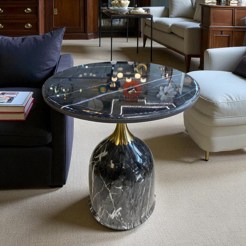 Elysian Aura Black Side Table – Black Marble Top with Textured Base