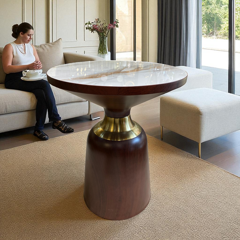 Aristo Round Side Table – White Marble Top with Brown Base