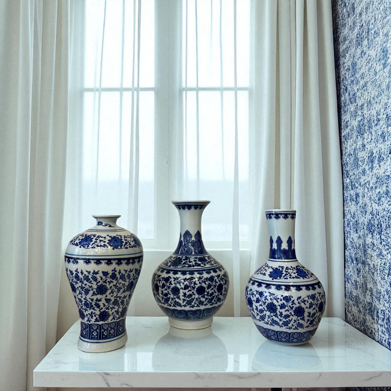 Trio of Blue & White Porcelain Vases