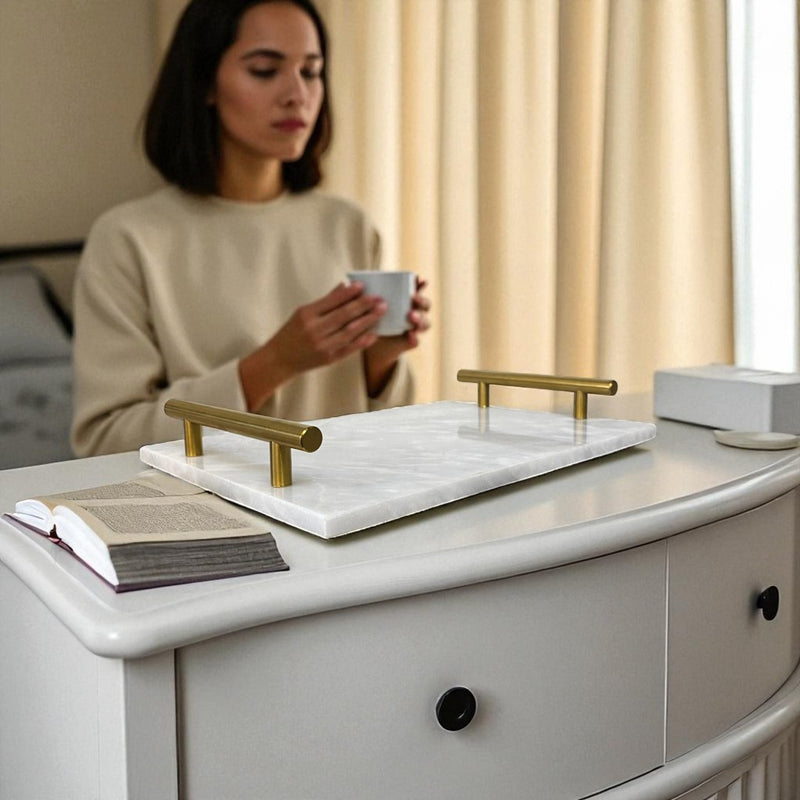 White Marble Rectangular Tray with Brass Handles