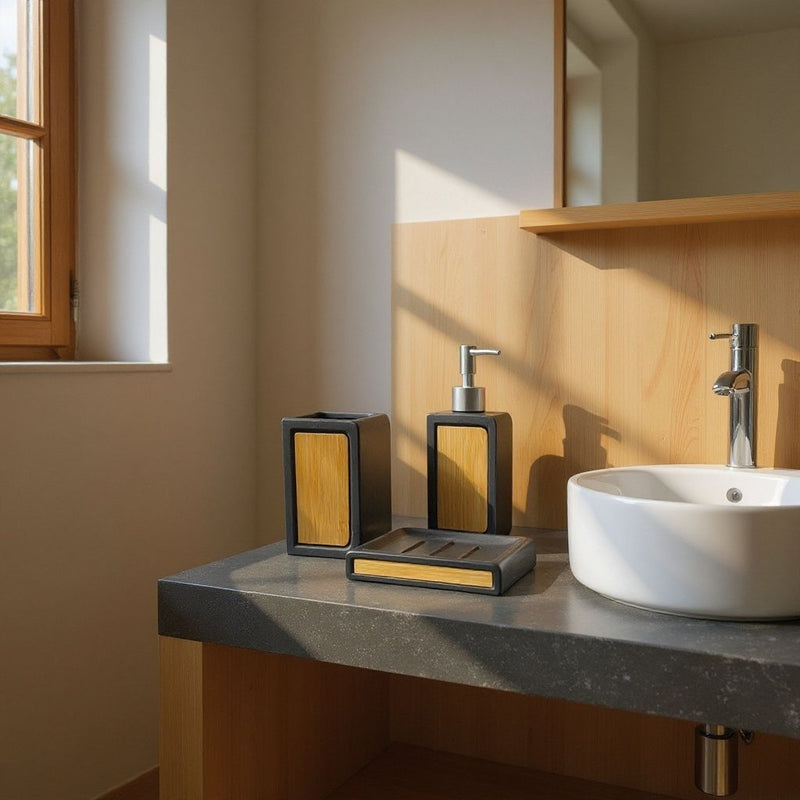 Nordic Black & Bamboo Bathroom Set