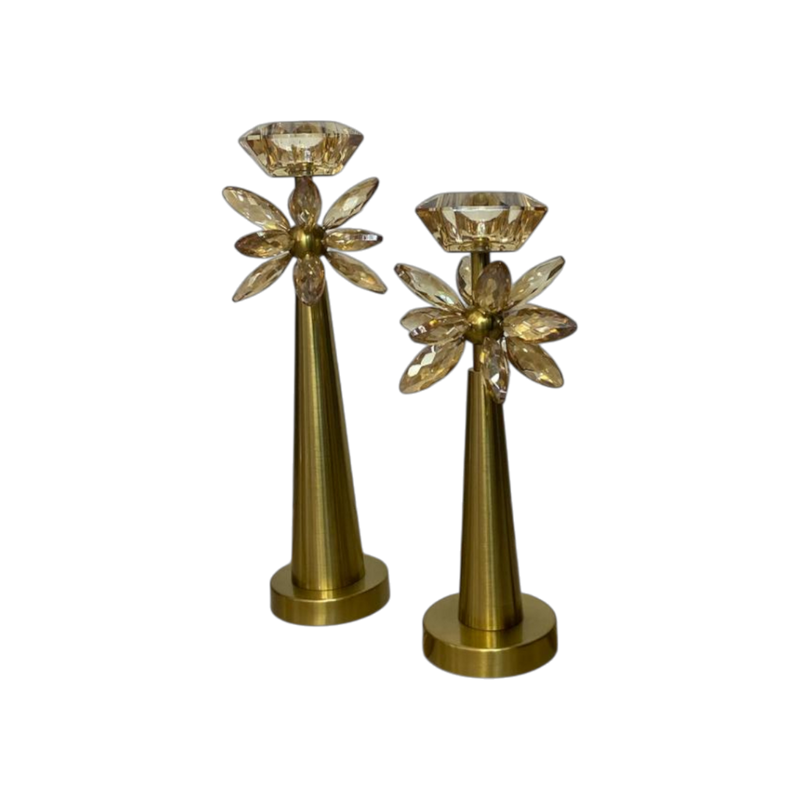 Vintage Brass Lotus Crystal Candle Holders