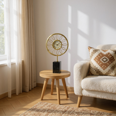 Golden Sunburst Table Clock on Black Crystal Base
