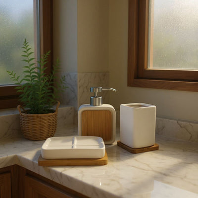 Minimalist Bamboo & Black Bathroom Set
