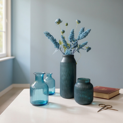 Matte Teal Glass Vase Duo with Blue Dried Florals