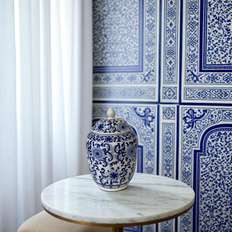 Classic Bloom Blue & White Porcelain Lidded Ginger Jar