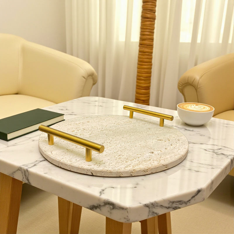 Round Travertine Tray with Brass Handles