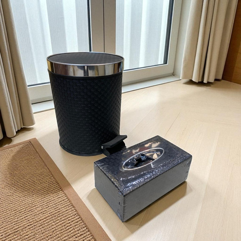 Luxury Black Leather Dustbin & Tissue Box Set with Chrome Finish
