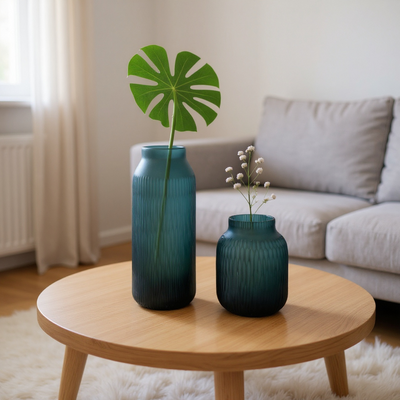 Matte Teal Glass Vase Duo with Blue Dried Florals