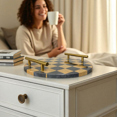 Round Checkered Marble Tray with Brass Handles