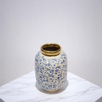 Blue Blossom Gold-Rimmed Ceramic Vases