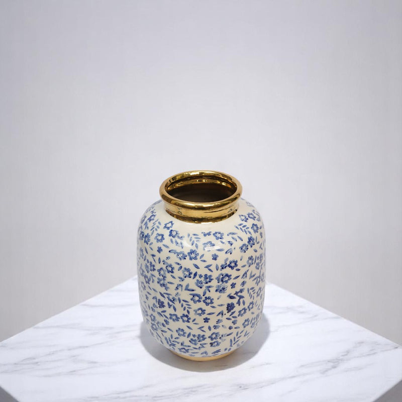 Blue Blossom Gold-Rimmed Ceramic Vases