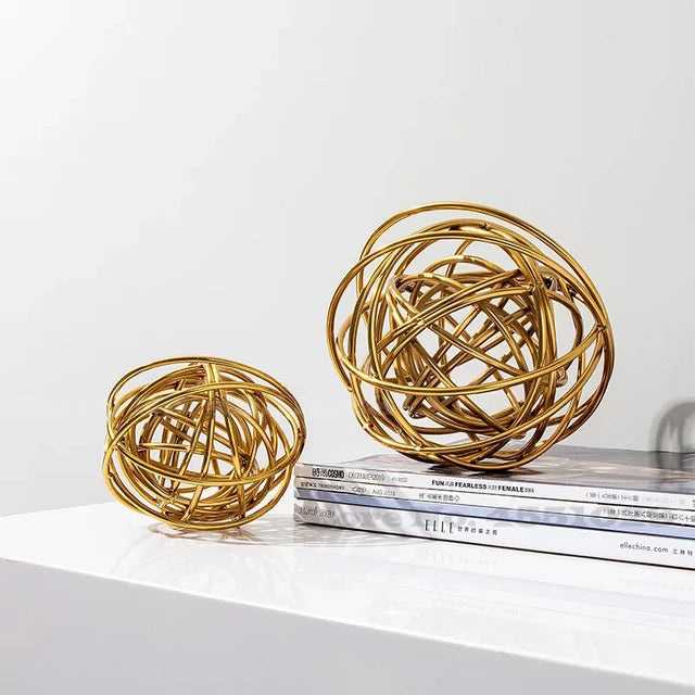 Golden Abstract Wire Orb Sculptures