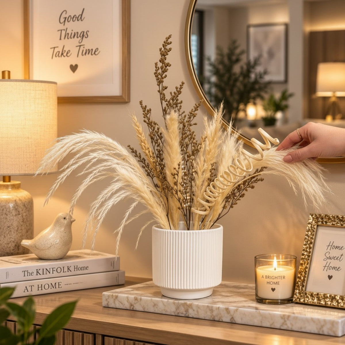 Ribbed Ceramic Vase with Dried Flowers
