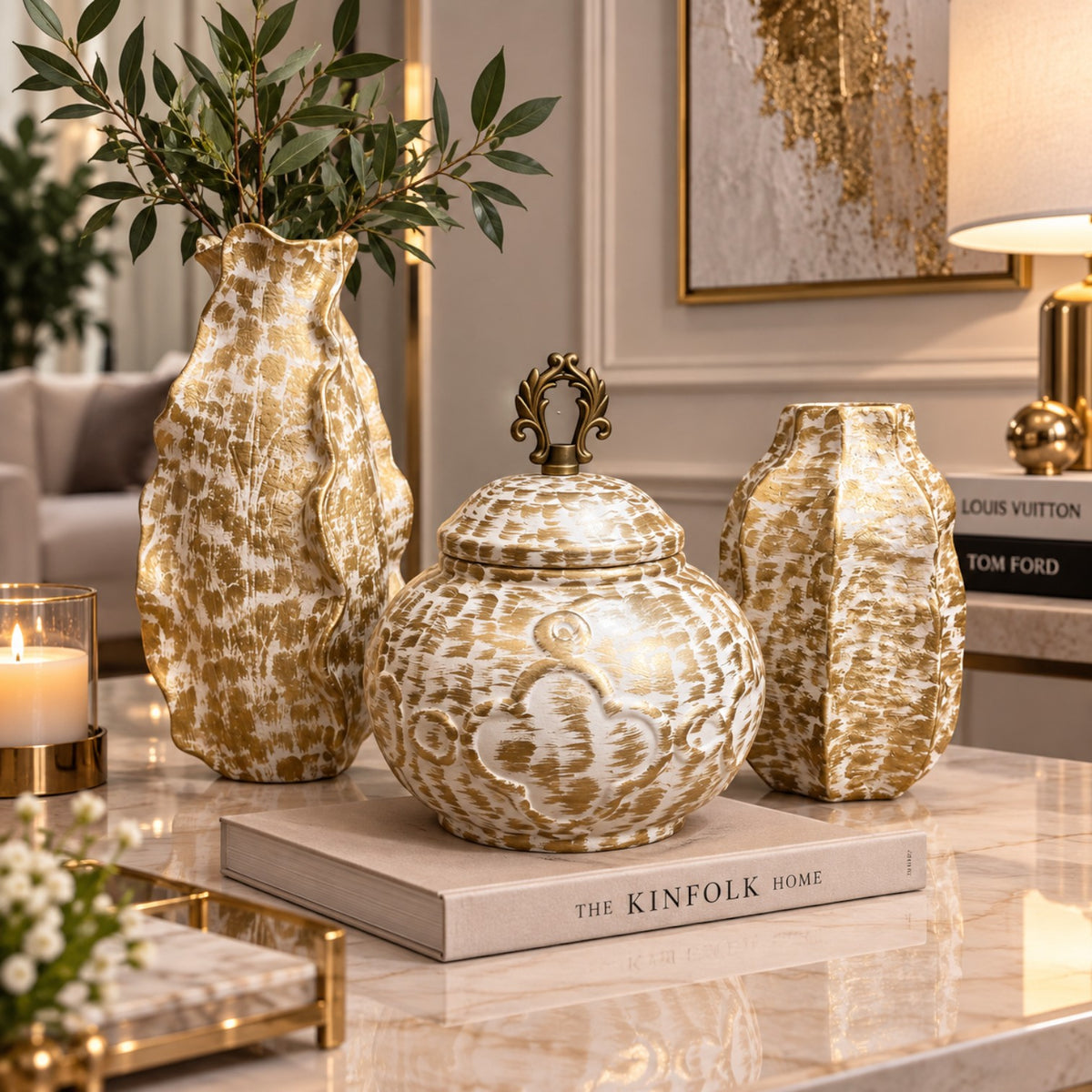 Gold Textured Ceramic Vases (Set of 3)